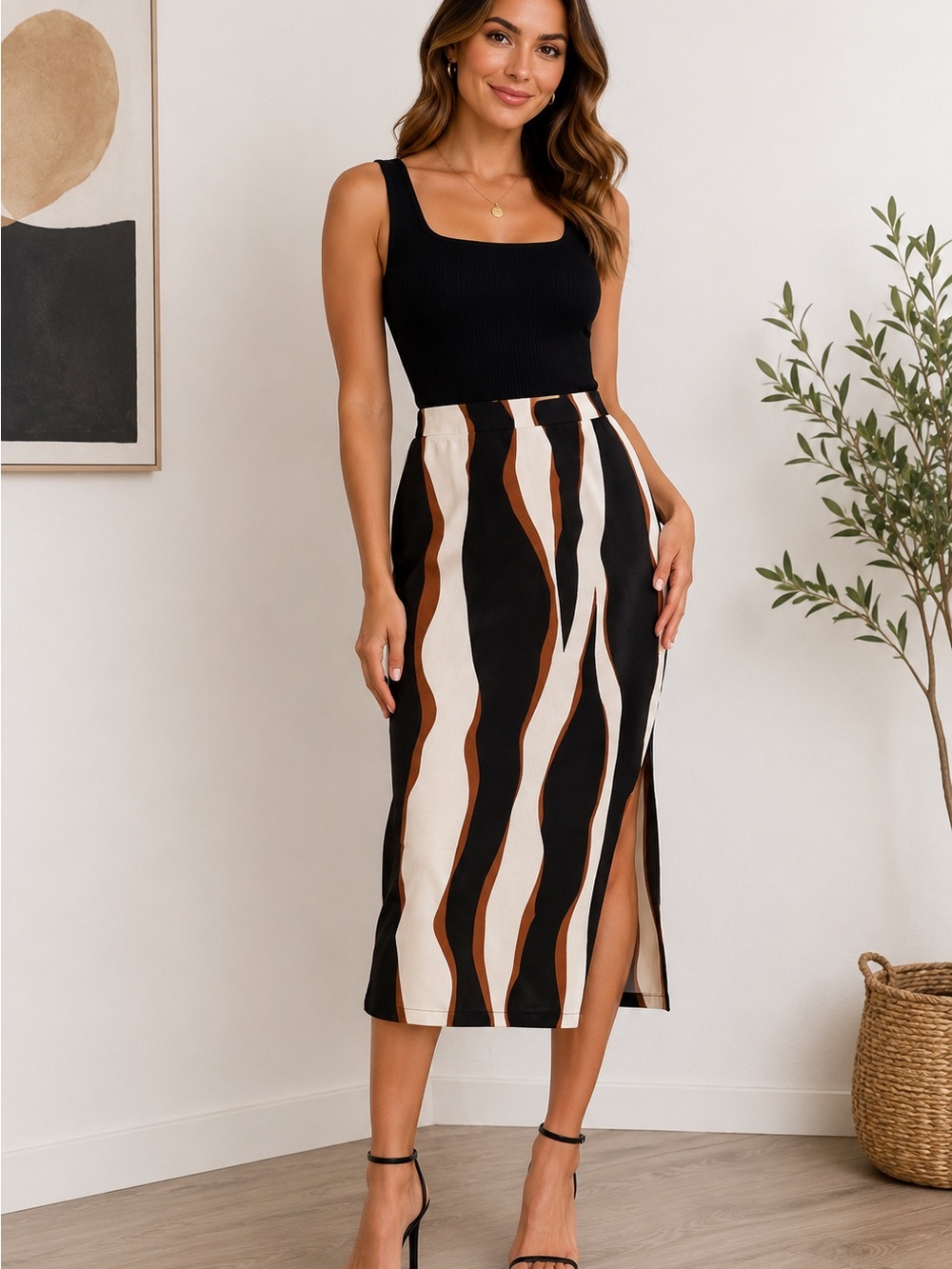 Vero Moda Clara Abstract Wavy Stripe Midi Skirt Black Cream Brown L
